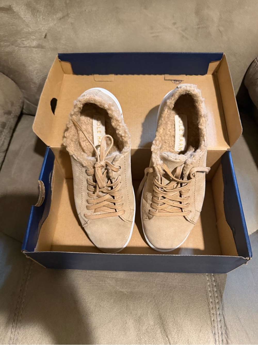 Cole Haan Women's Suede Lace-Up Sneakers in Tan with Faux Fur Trim